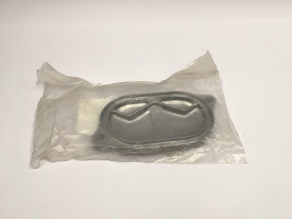 A transparent plastic bag contains an oval metal object with two screw holes.