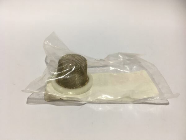 An oil strainer, elegantly wrapped in clear plastic, is designed to filter oil and rest comfortably on a white surface.